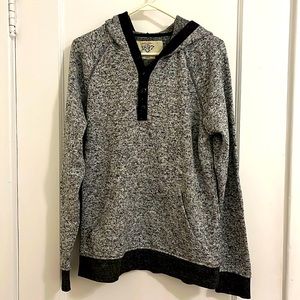 Heather grey hoodie, quarter length button up.